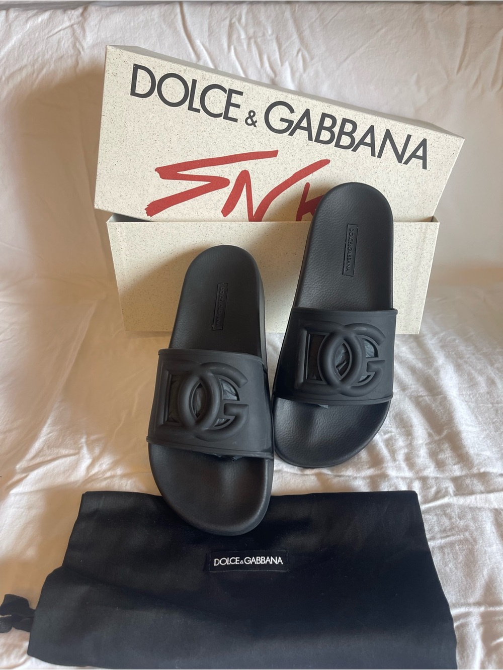 Dolce & Gabbana Black Embossed DG Slide Sandals